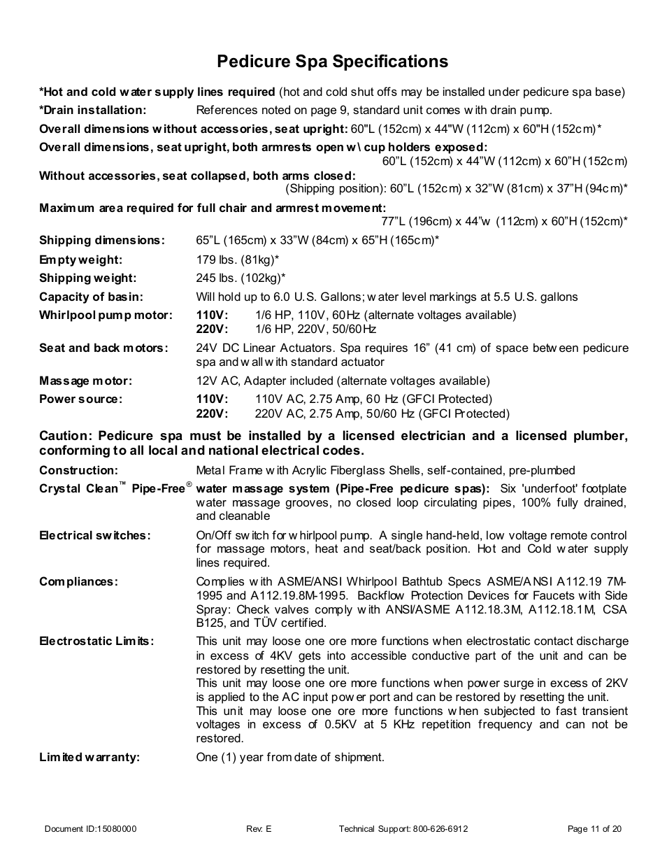 Pedicure spa specifications | Whirlpool 15080000 User Manual | Page 11 / 20