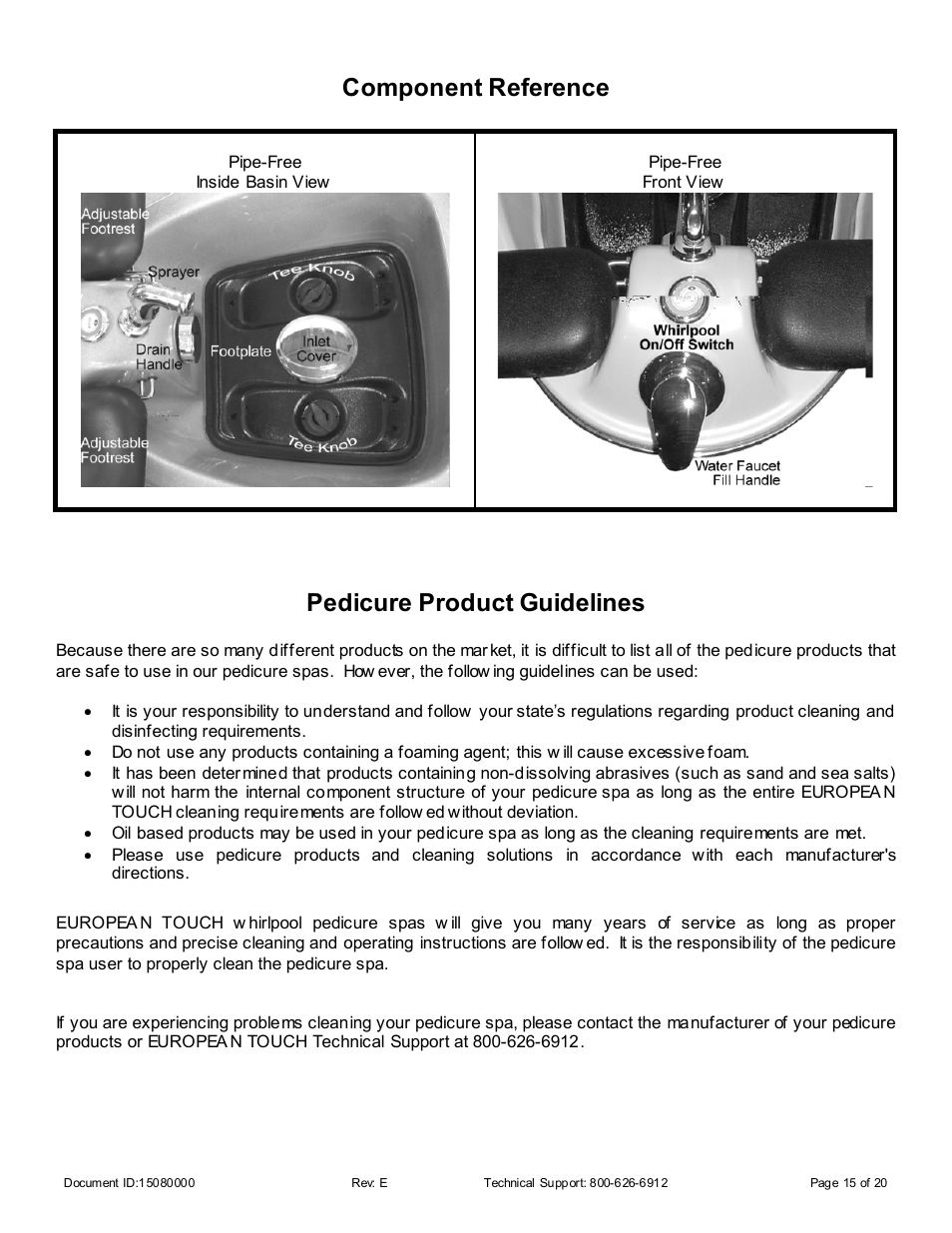 Component reference, Pedicure product guidelines | Whirlpool 15080000 User Manual | Page 15 / 20