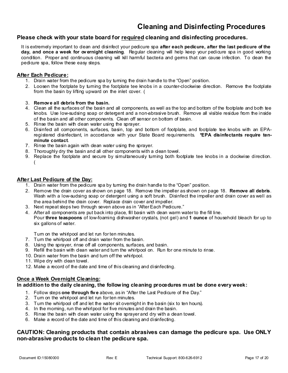 Crystal clean, Pipe-free, Spa - c | Leaning and disinfecting procedures | Whirlpool 15080000 User Manual | Page 17 / 20