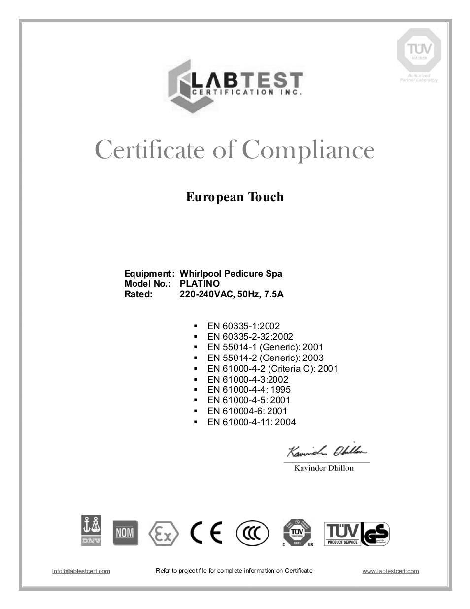 Certificate of compliance, European touch | Whirlpool 15080000 User Manual | Page 3 / 20