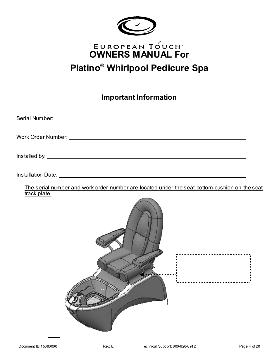 Owners manual for, Platino, Whirlpool pedicure spa | Important information | Whirlpool 15080000 User Manual | Page 4 / 20