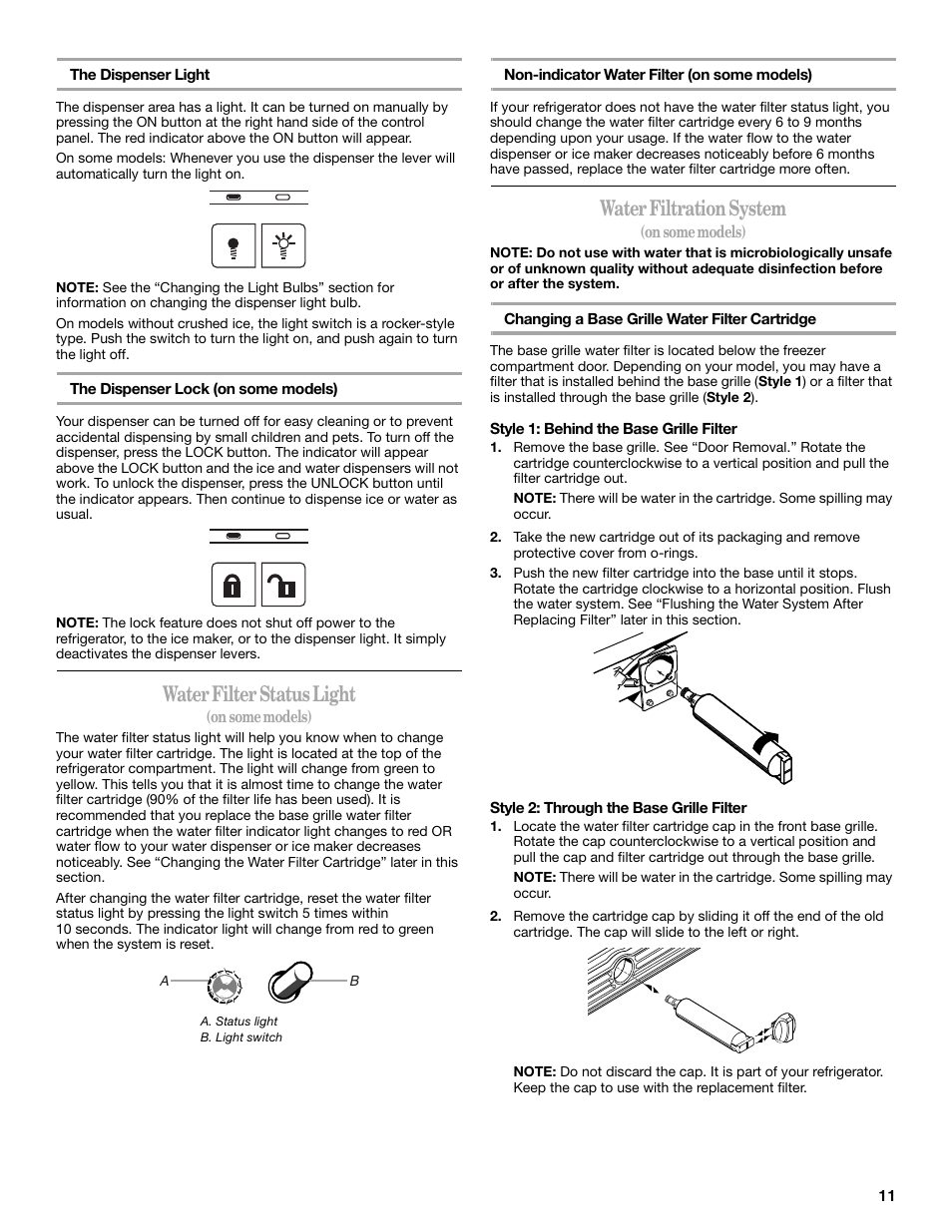 Water filter status light, Water filtration system | Whirlpool 8ED2GTKXRQ00 User Manual | Page 11 / 24