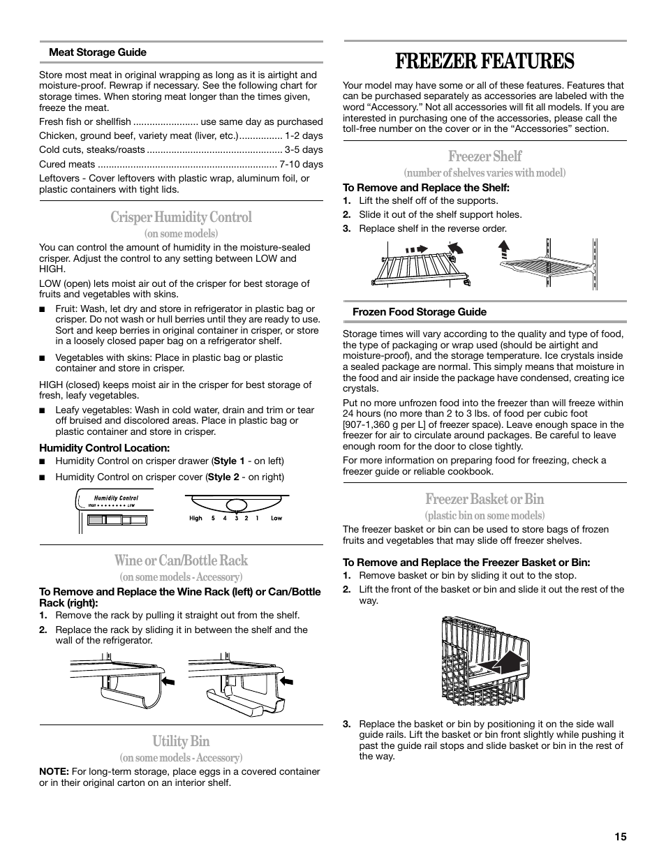 Freezer features, Crisper humidity control, Wine or can/bottle rack | Utility bin, Freezer shelf, Freezer basket or bin | Whirlpool 8ED2GTKXRQ00 User Manual | Page 15 / 24