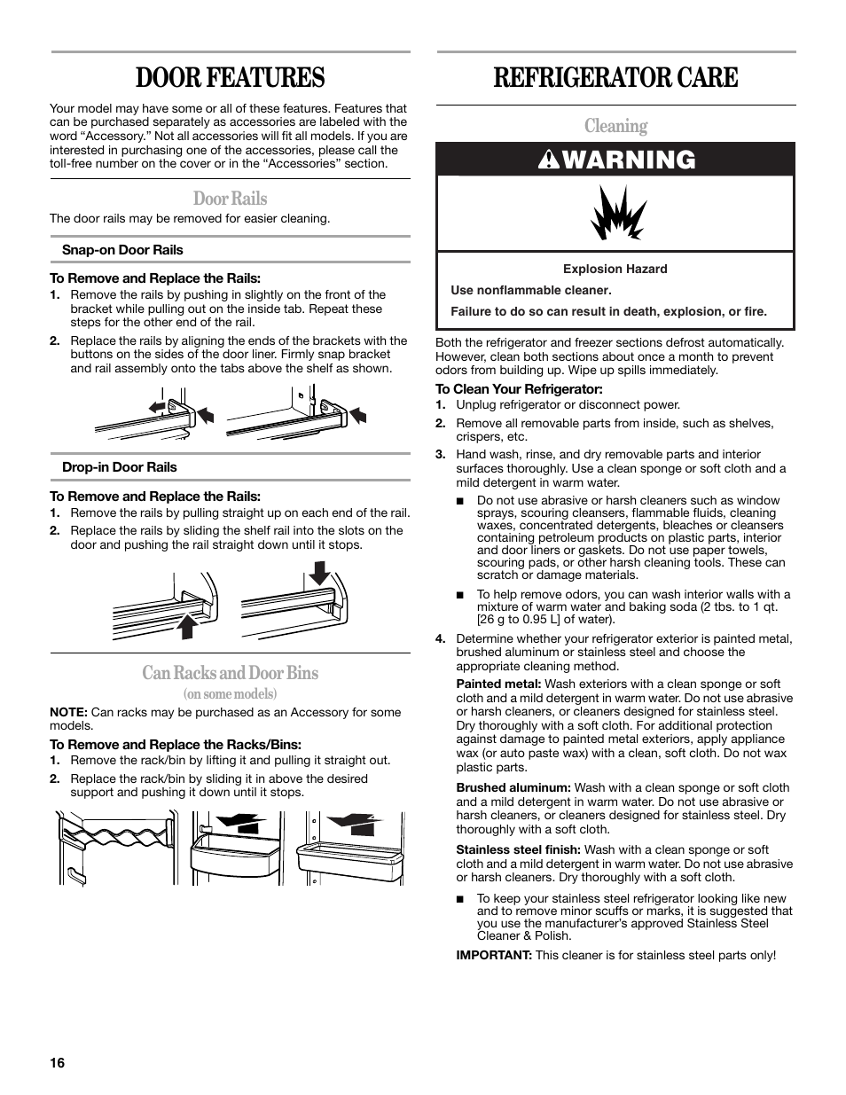 Door features, Refrigerator care, Warning | Door rails, Can racks and door bins, Cleaning | Whirlpool 8ED2GTKXRQ00 User Manual | Page 16 / 24