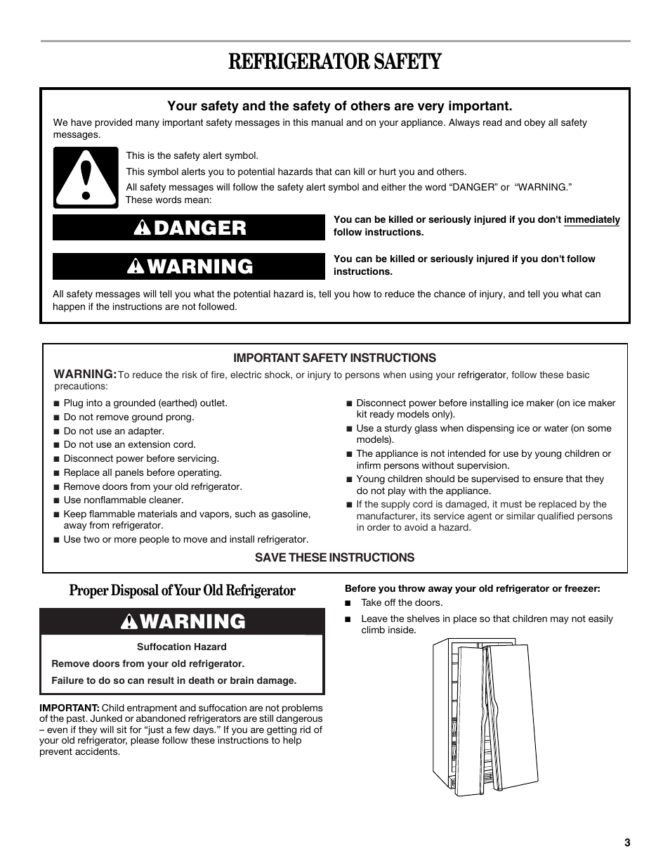 Refrigerator safety, Danger warning, Warning | Proper disposal of your old refrigerator | Whirlpool 8ED2GTKXRQ00 User Manual | Page 3 / 24