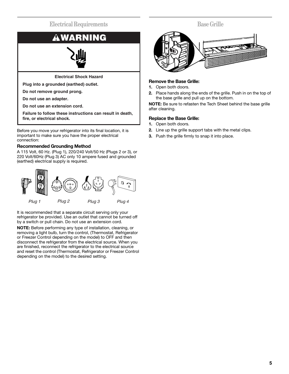 Warning, Electrical requirements, Base grille | Whirlpool 8ED2GTKXRQ00 User Manual | Page 5 / 24