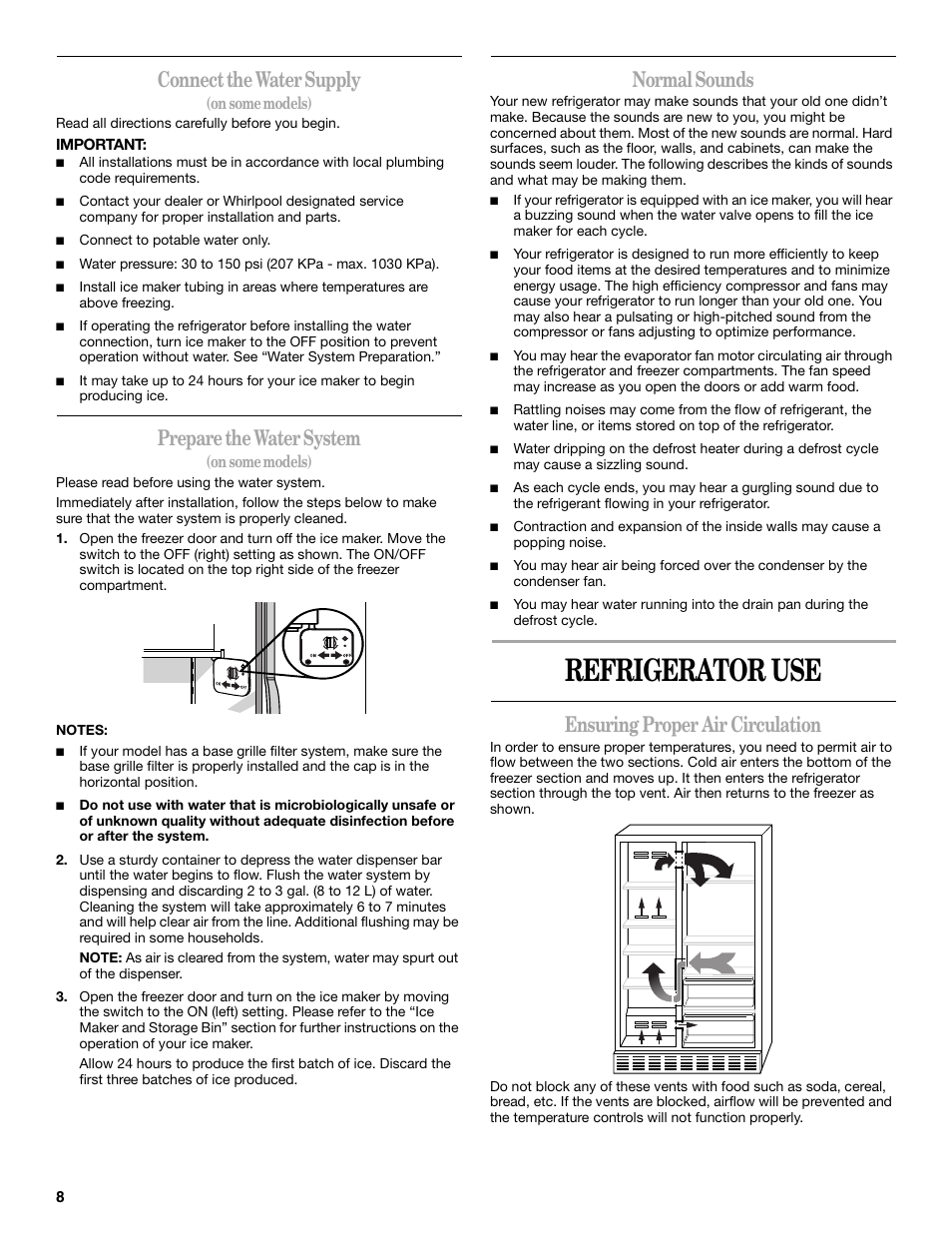 Refrigerator use, Connect the water supply, Prepare the water system | Normal sounds, Ensuring proper air circulation | Whirlpool 8ED2GTKXRQ00 User Manual | Page 8 / 24