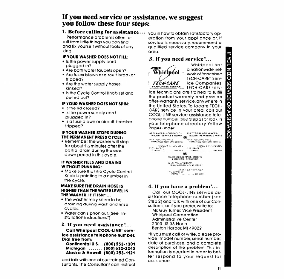 Before calling for assistance, If you need assistance, If you need serviee | If you have a problem | Whirlpool LASOOXM User Manual | Page 11 / 12