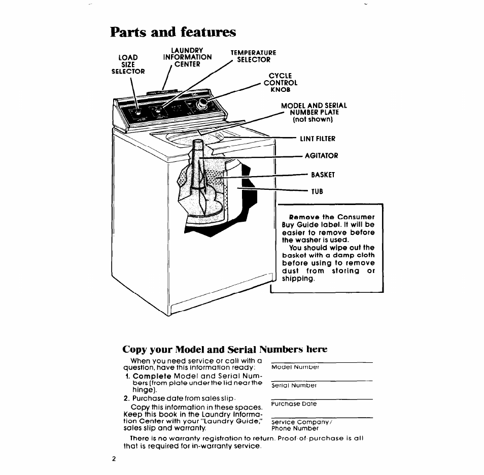 Parts and features, Copy your model and serial numbers here | Whirlpool LASOOXM User Manual | Page 2 / 12