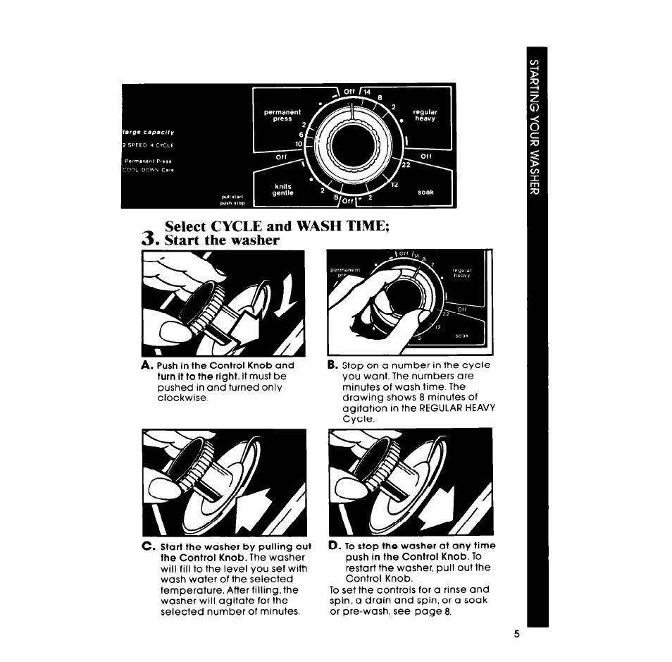 Select cycle and wash time, Start the washer, Select cycle and wash time; 3. start the washer | Whirlpool LASOOXM User Manual | Page 5 / 12