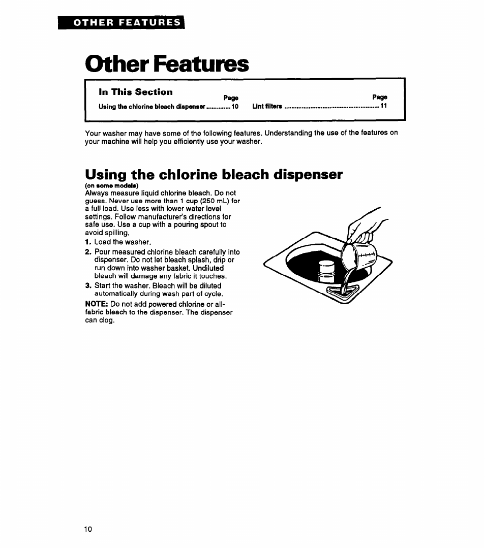 Other features, In this section, Using the chlorine bleach dispenser | Whirlpool LLR5144BQ0 User Manual | Page 10 / 24