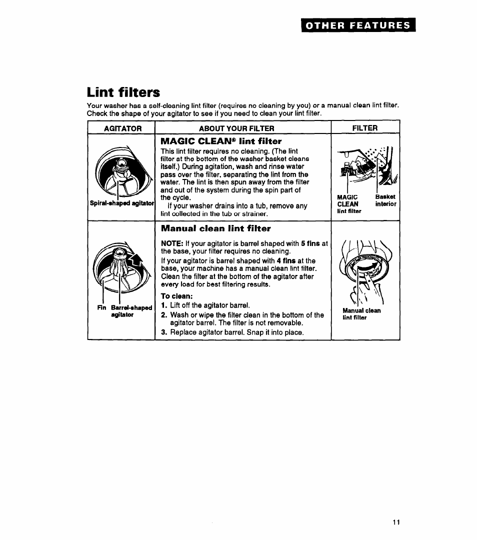 Magic clean® lint filter, Manual clean lint filter, Lint filters | Whirlpool LLR5144BQ0 User Manual | Page 11 / 24