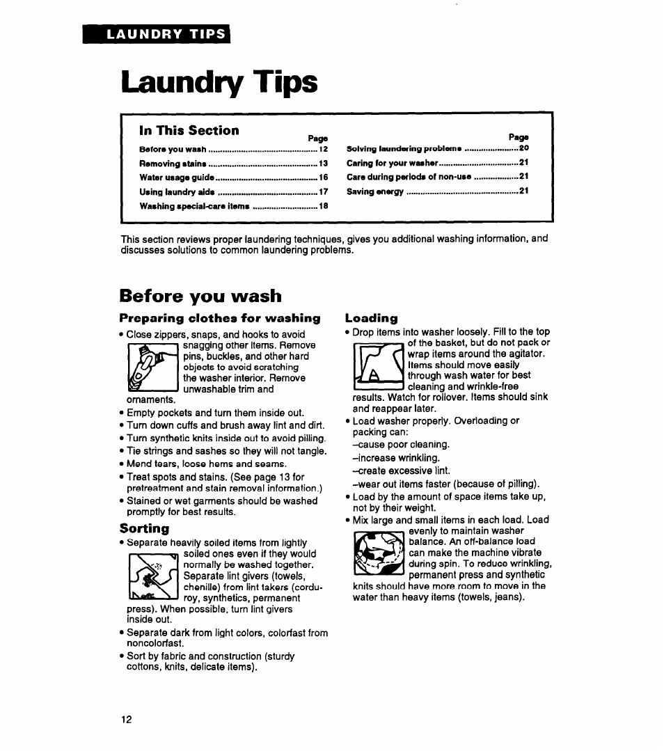 Laundry tips, Preparing clothes for washing, Sorting | Loading, Before you wash | Whirlpool LLR5144BQ0 User Manual | Page 12 / 24