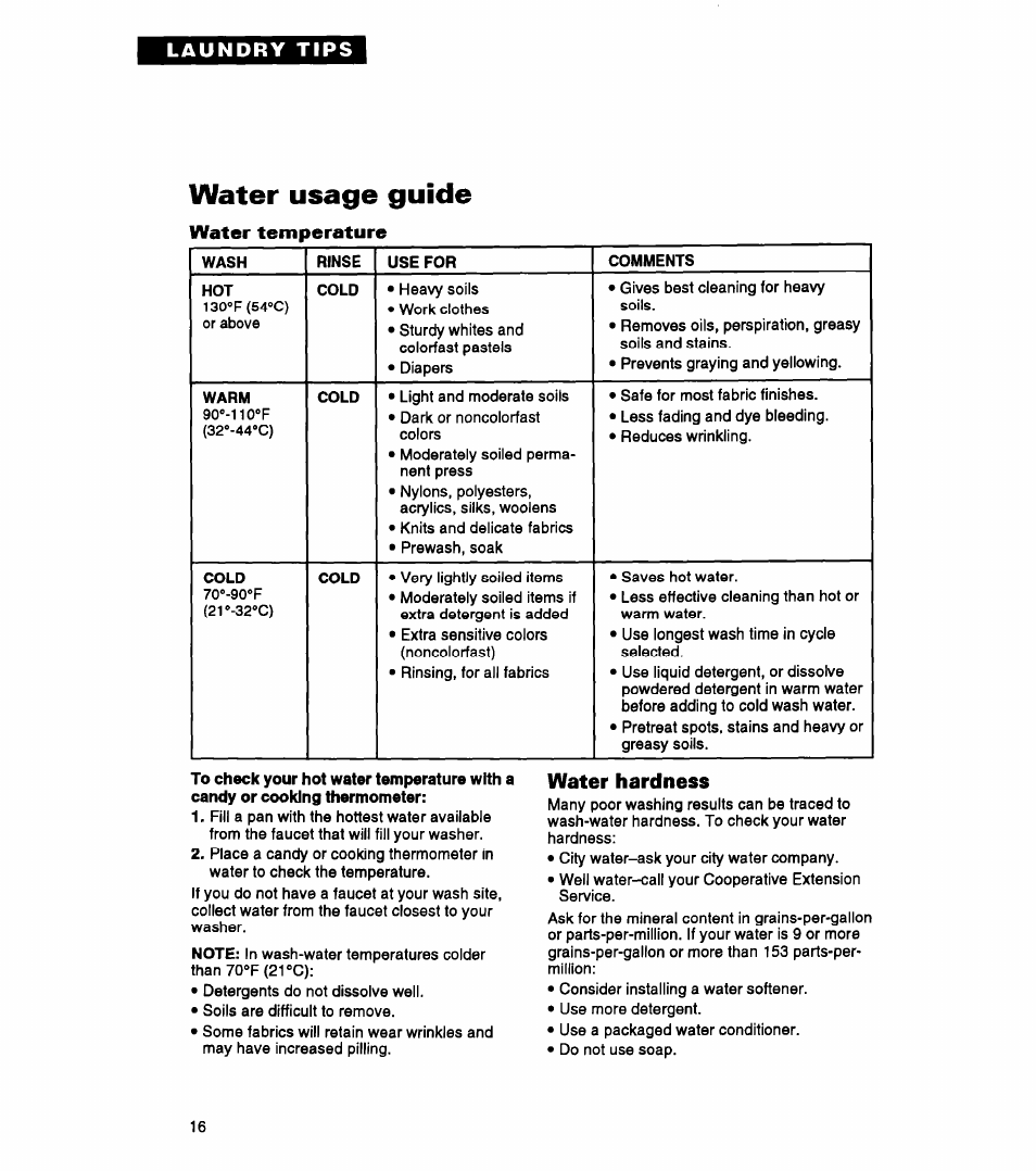 Water temperature, Water hardness, Water usage guide | Whirlpool LLR5144BQ0 User Manual | Page 16 / 24
