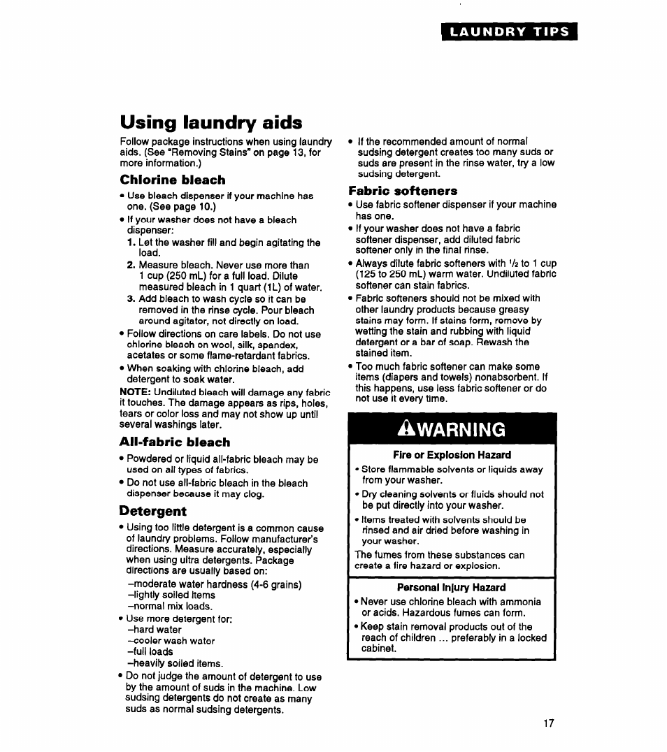 Chlorine bleach, All-fabric bleach, Detergent | Fabric softeners, Warning, Using laundry aids | Whirlpool LLR5144BQ0 User Manual | Page 17 / 24