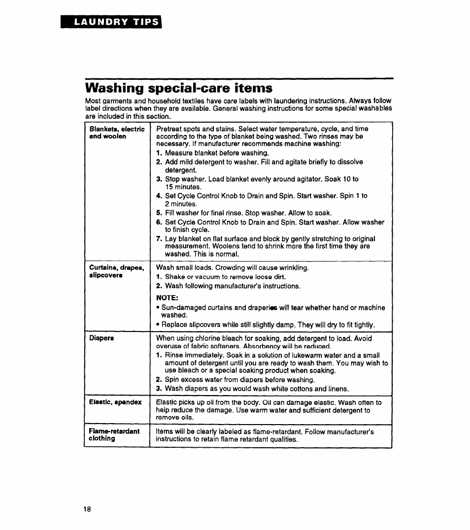 Blankets, electric and woolen, Curtains, drapes, slipcovers, Note | Diapers, Elastic, spandex, Flame-retardant clothing, Washing special-care items | Whirlpool LLR5144BQ0 User Manual | Page 18 / 24
