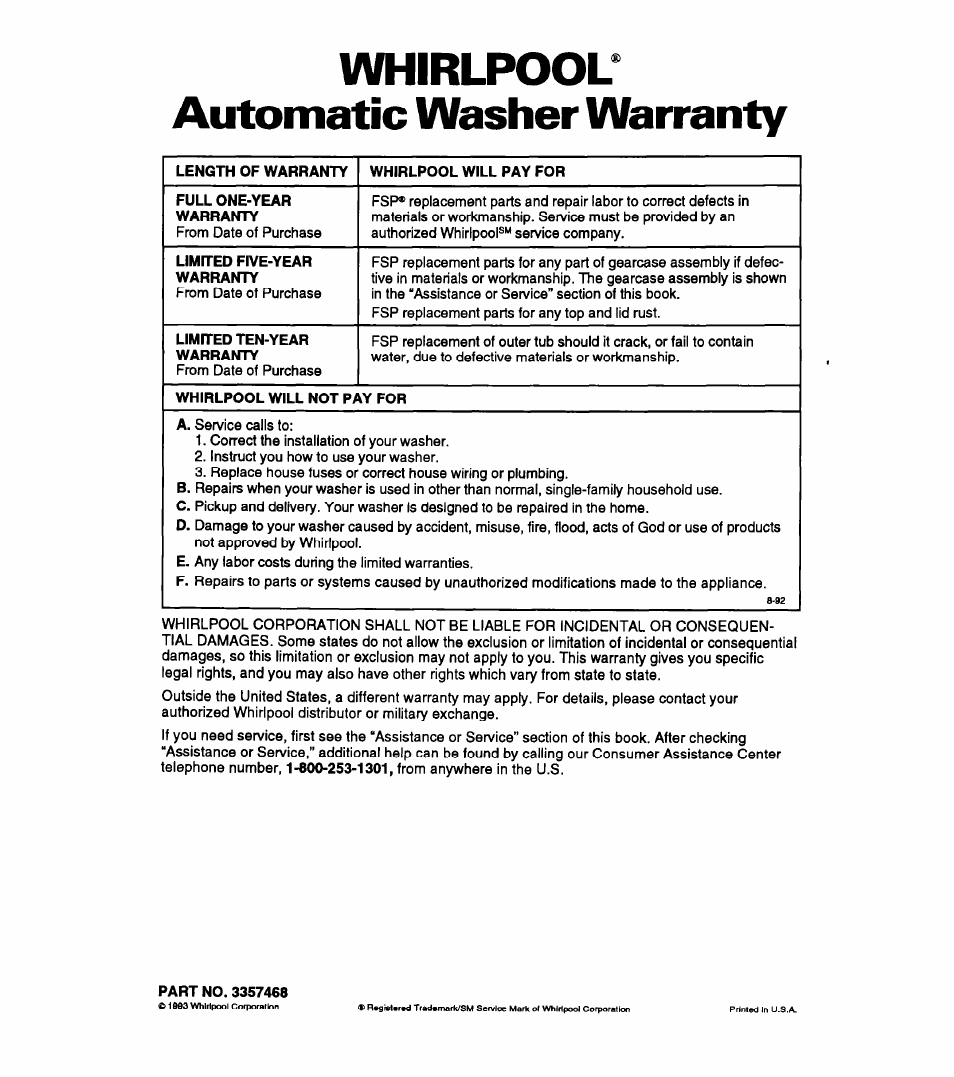 Whirlpool, Automatic washer warranty, Whirlpool automatic washer warranty | Whirlpool LLR5144BQ0 User Manual | Page 24 / 24