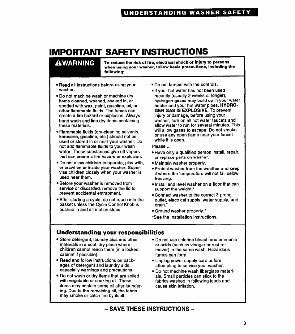 Understanding your responsibilities, Save these instructions, Importam' safety instructions | Warning | Whirlpool LLR5144BQ0 User Manual | Page 3 / 24