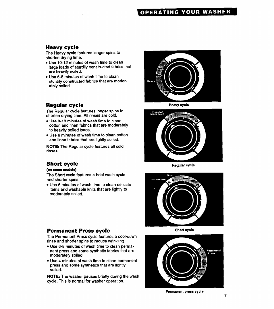 Heavy cycle, Regular cycle, Short cycle | Permanent press cycle | Whirlpool LLR5144BQ0 User Manual | Page 7 / 24