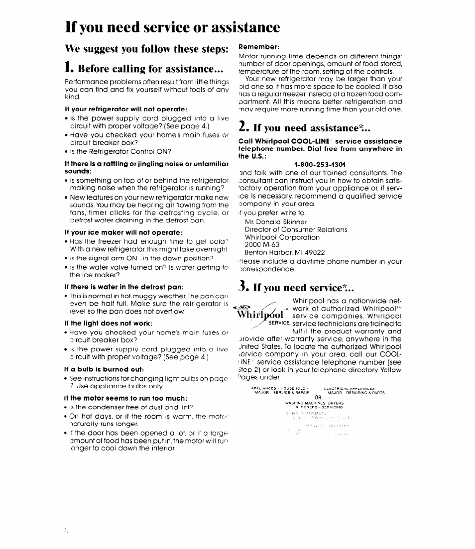 If you need service or assistance, 2« if you need assistance, If you need service | If you need assistance, Whltlpooi | Whirlpool ED20AK User Manual | Page 16 / 20