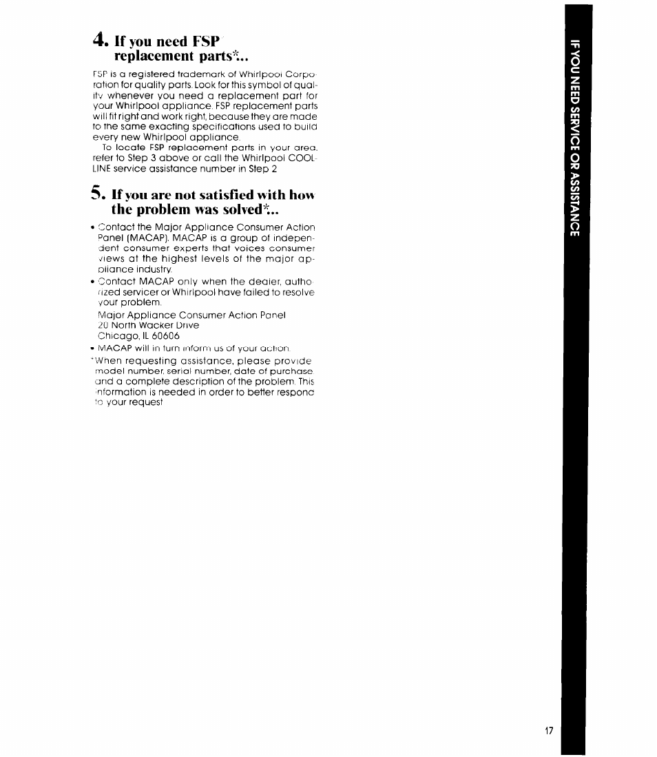 If you need fsp replaeement parts | Whirlpool ED20AK User Manual | Page 17 / 20