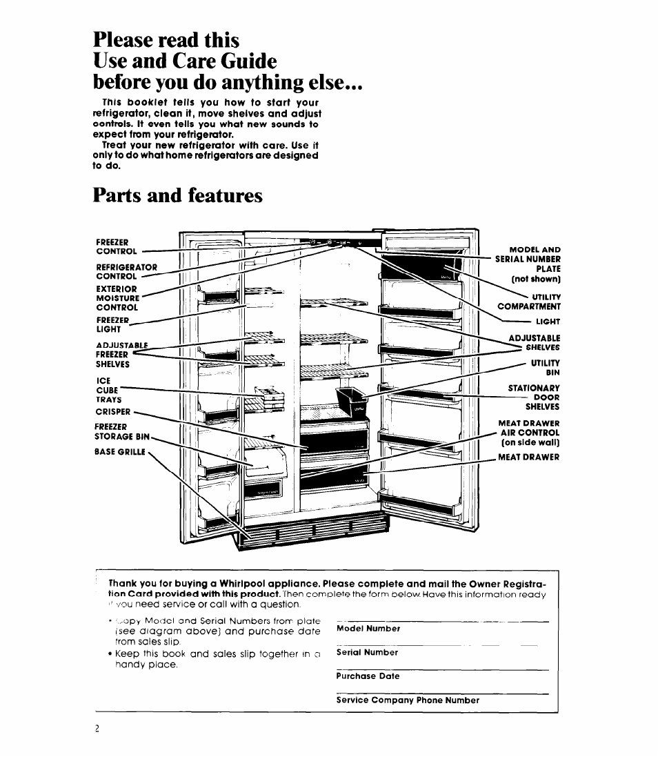 Please read this, Use and care guide, Before you do anything else | Parts and features | Whirlpool ED20AK User Manual | Page 2 / 20