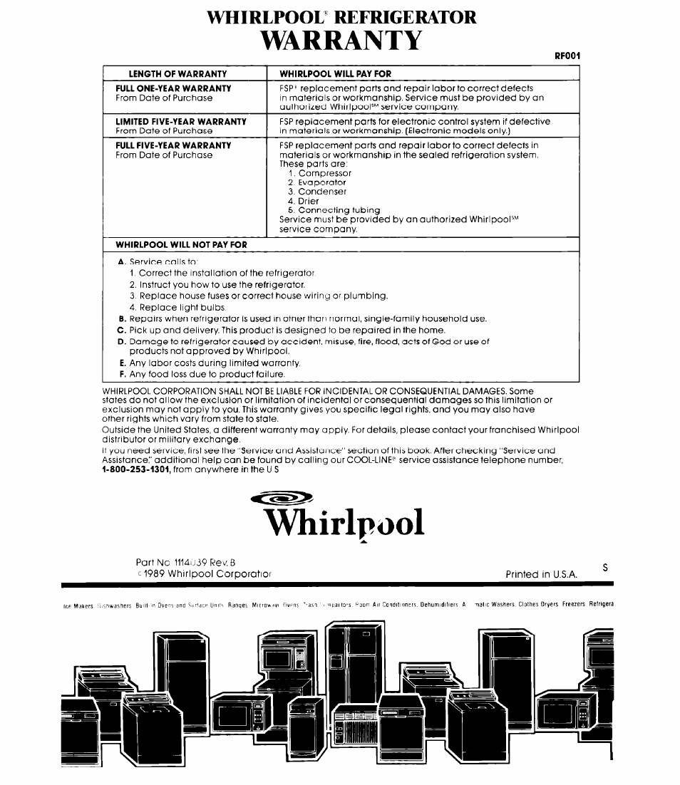 Whirlpool, Warranty, Whiripool’ refrigerator | Whirlpool ED20AK User Manual | Page 20 / 20