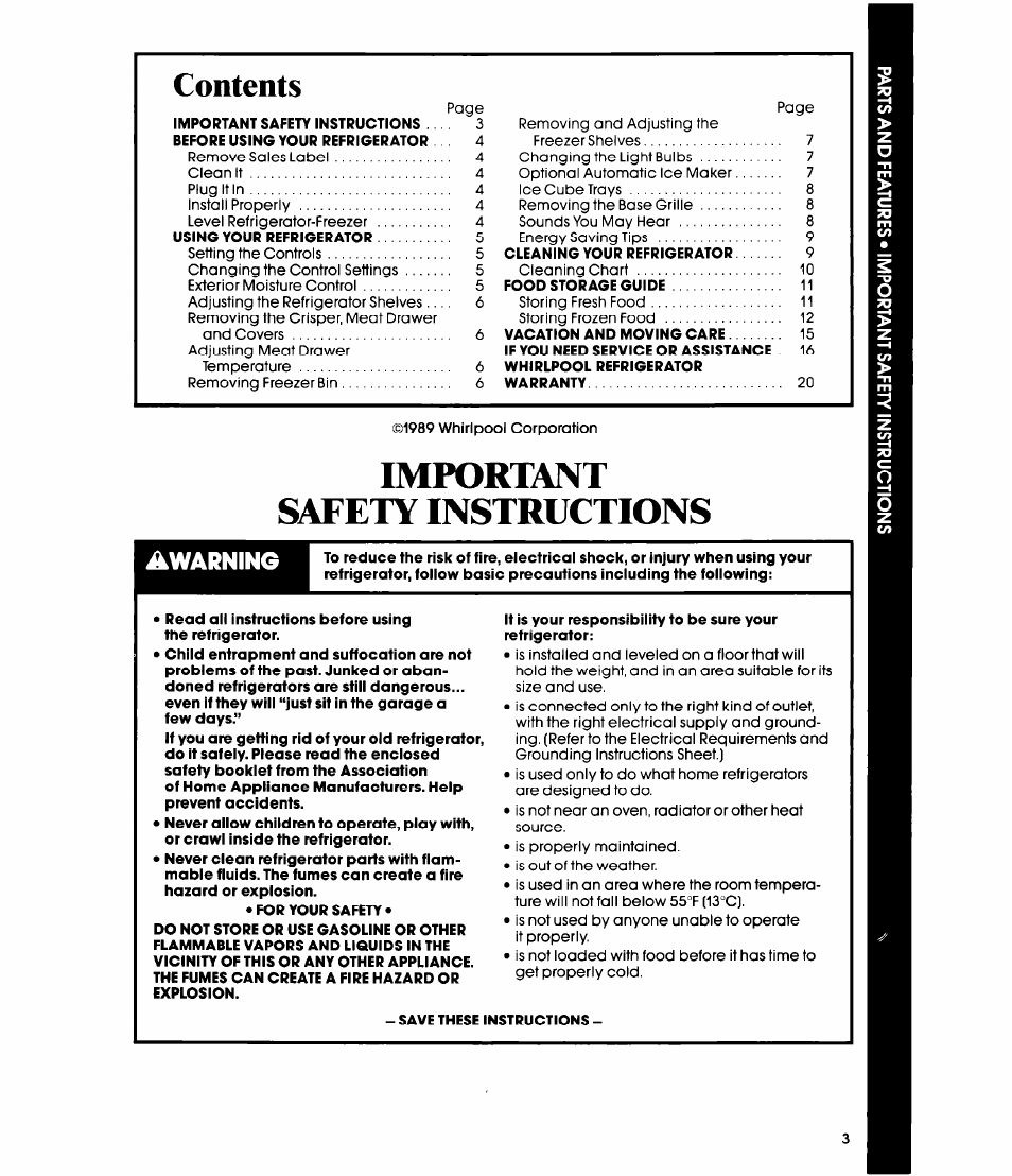 Important safety instructions, Warning | Whirlpool ED20AK User Manual | Page 3 / 20