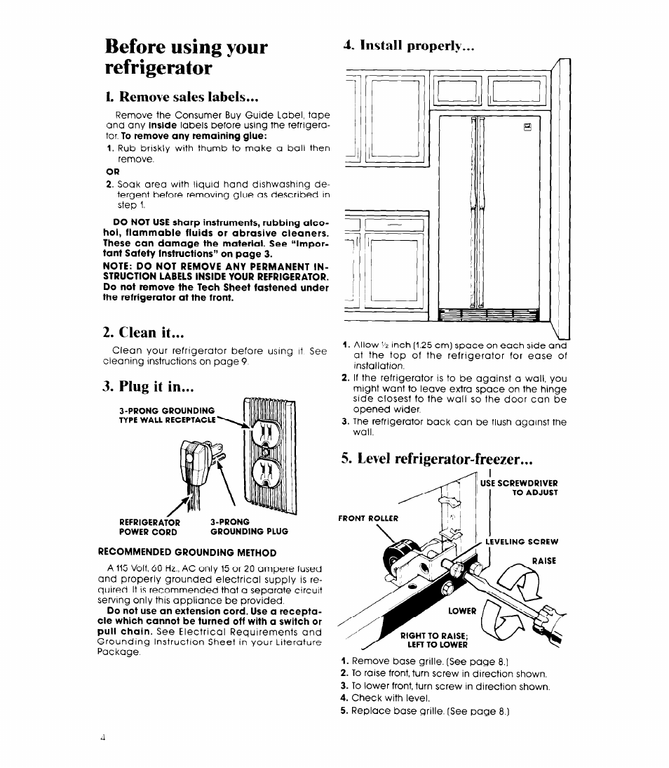 Before using your refrigerator, Remove sales labels, Clean it | Install properly, Plug it in, Level refrigerator-freezer | Whirlpool ED20AK User Manual | Page 4 / 20