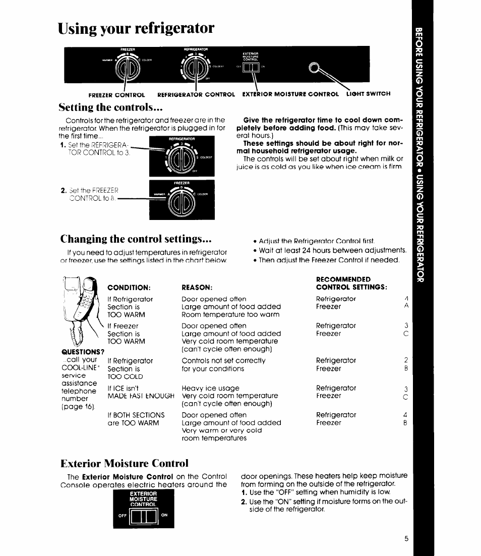 Using your refrigerator, Setting the controls, Changing the control settings | Exterior moisture control | Whirlpool ED20AK User Manual | Page 5 / 20