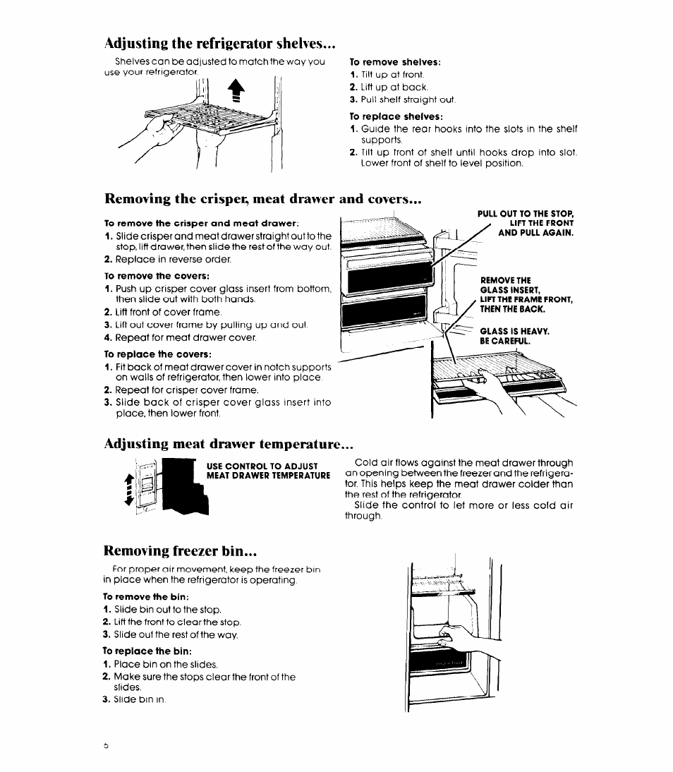 Removing the crisper, meat drawer and covers, Adjusting meat drawer temperature, Removing freezer bin | Adjusting the refrigerator shelves | Whirlpool ED20AK User Manual | Page 6 / 20