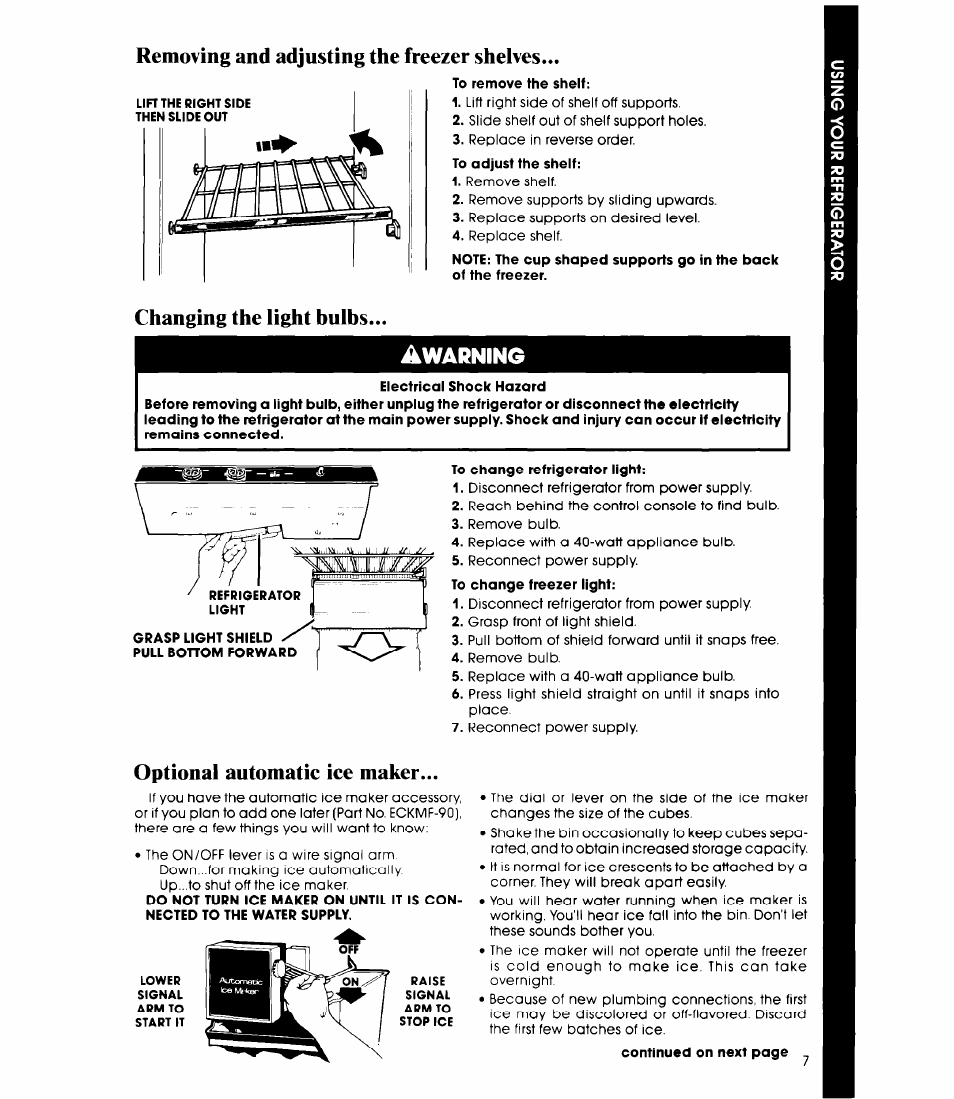 Removing and adjusting the freezer shelves, Changing the light bulbs, Optional automatic ice maker | Whirlpool ED20AK User Manual | Page 7 / 20