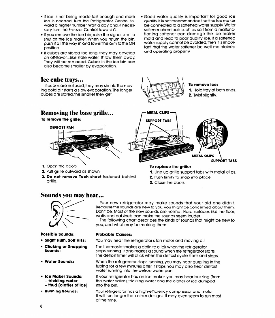 Ice cube trays, Removing the base grille, Sounds you may hear | Whirlpool ED20AK User Manual | Page 8 / 20