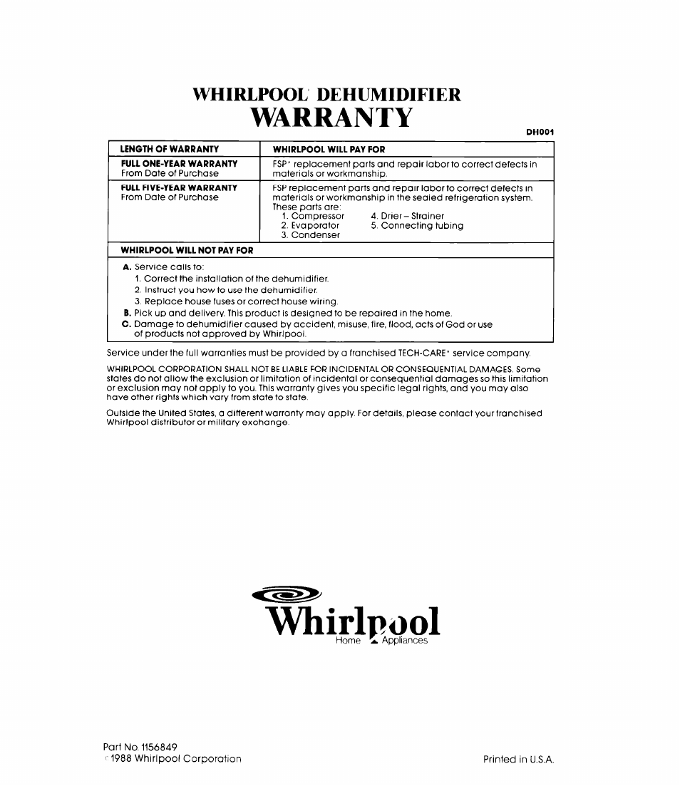 Warranty, Alvhirlpool, Whirlpool dehumidifier | Whirlpool AD0402XS0 User Manual | Page 12 / 12