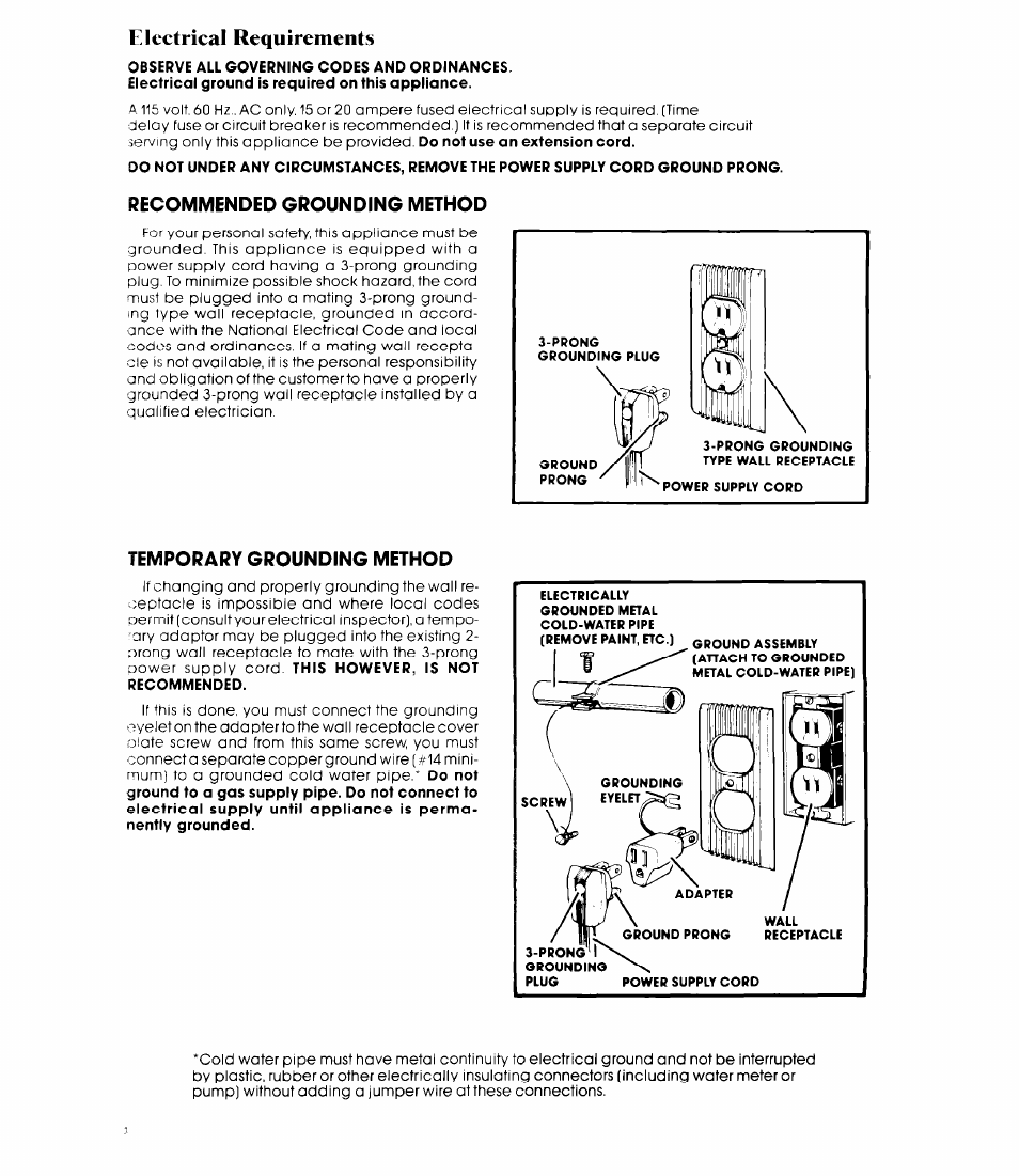 Recommended grounding method, Temporary grounding method, Electrical requirements | Whirlpool AD0402XS0 User Manual | Page 4 / 12