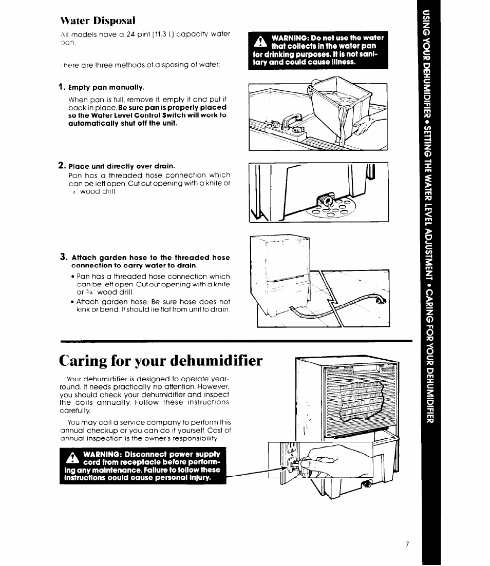 Caring for your dehumidifier, Water disposal | Whirlpool AD0402XS0 User Manual | Page 7 / 12