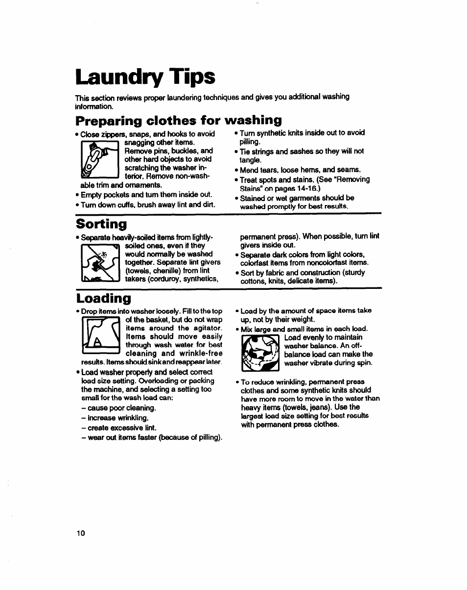 Laundry tips, Preparing clothes for washing, Sorting | Loading | Whirlpool RAB3132D User Manual | Page 10 / 20