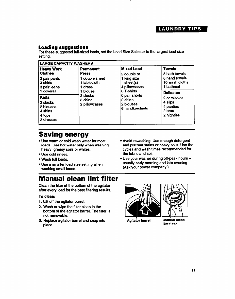 Loading suggestions, Saving energy, Manual clean lint filter | Whirlpool RAB3132D User Manual | Page 11 / 20