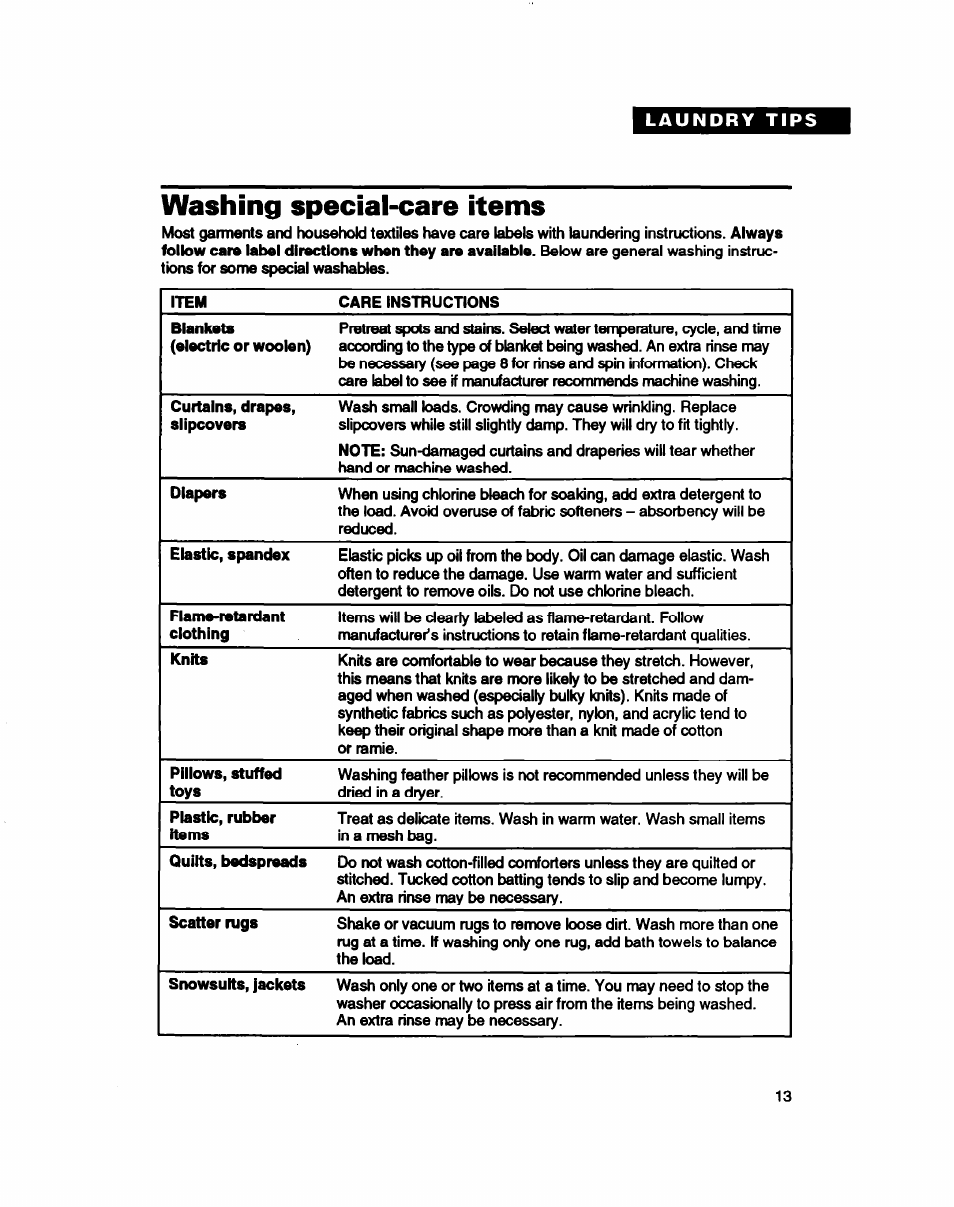 Washing special-care items | Whirlpool RAB3132D User Manual | Page 13 / 20