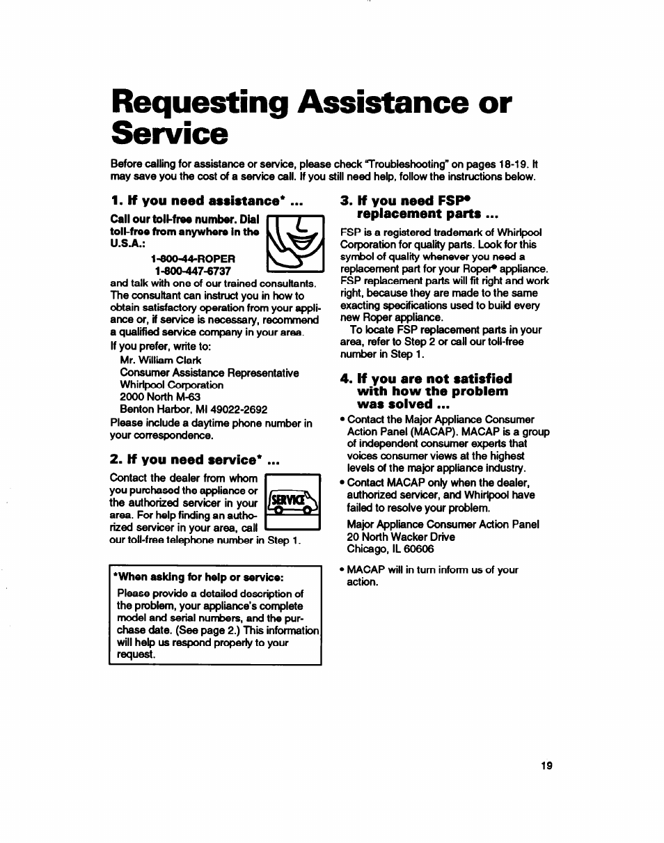 Requesting assistance or service, If you need assistance, If you need service | If you need fsp* replacement parts | Whirlpool RAB3132D User Manual | Page 19 / 20