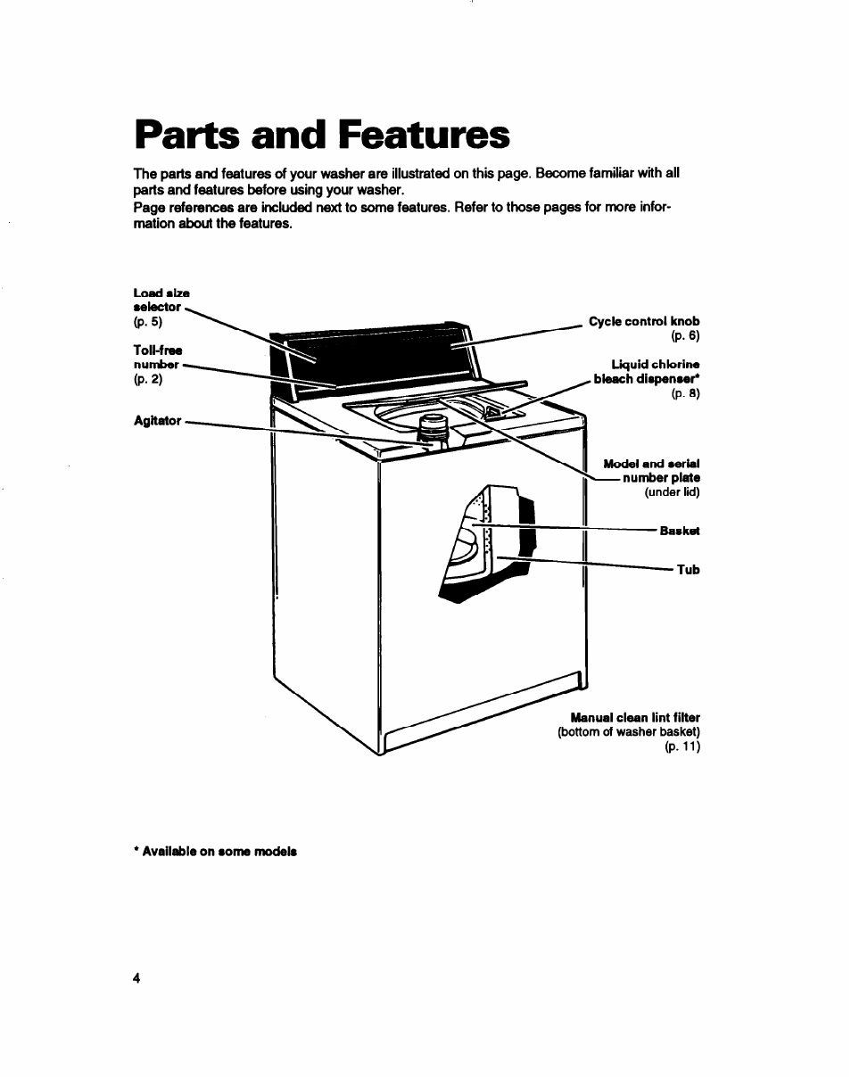 Parts and features | Whirlpool RAB3132D User Manual | Page 4 / 20