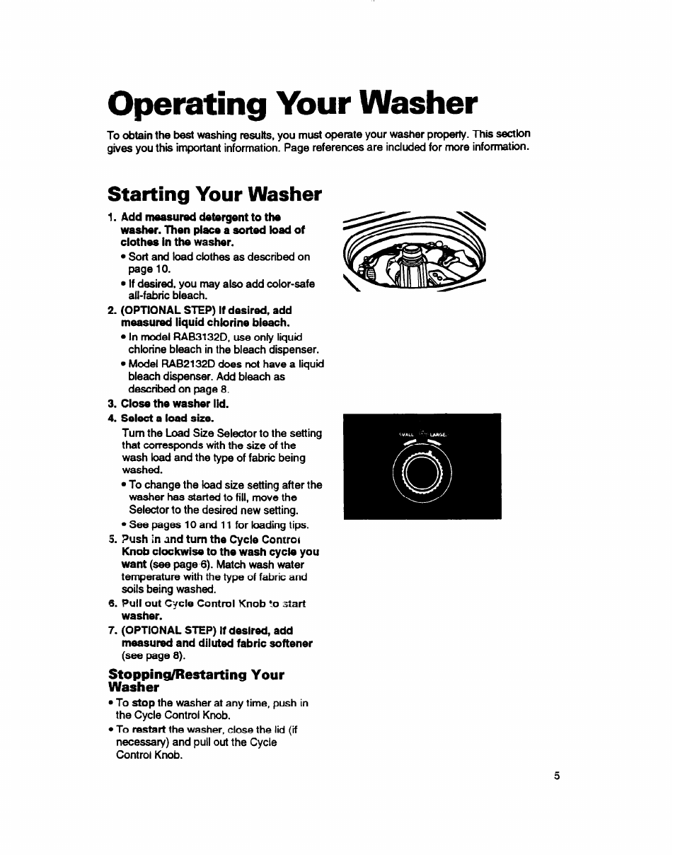 Operating your washer, Starting your washer, Stopping/restarting your washer | Whirlpool RAB3132D User Manual | Page 5 / 20