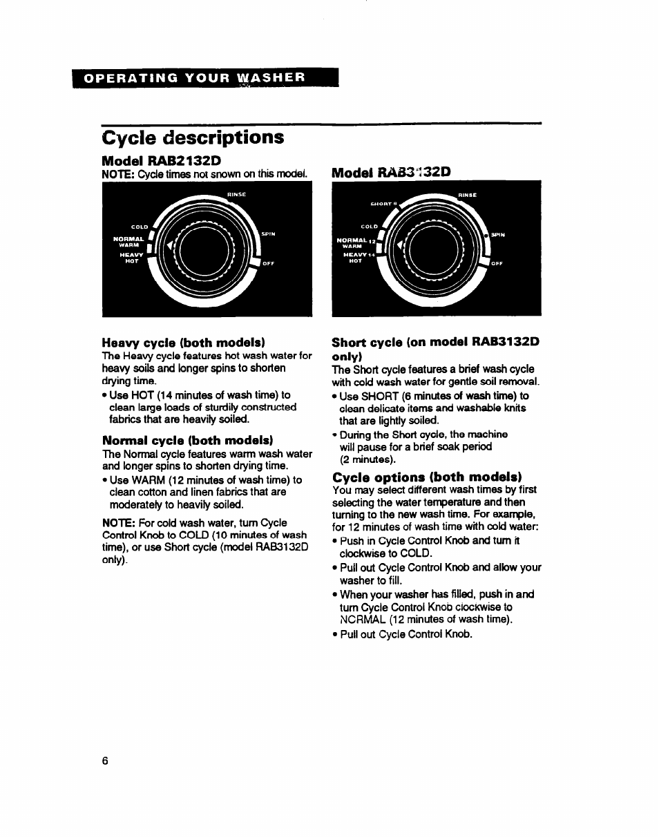 Cycle descriptions, Model rab2132d, Cycle options (both models) | Whirlpool RAB3132D User Manual | Page 6 / 20