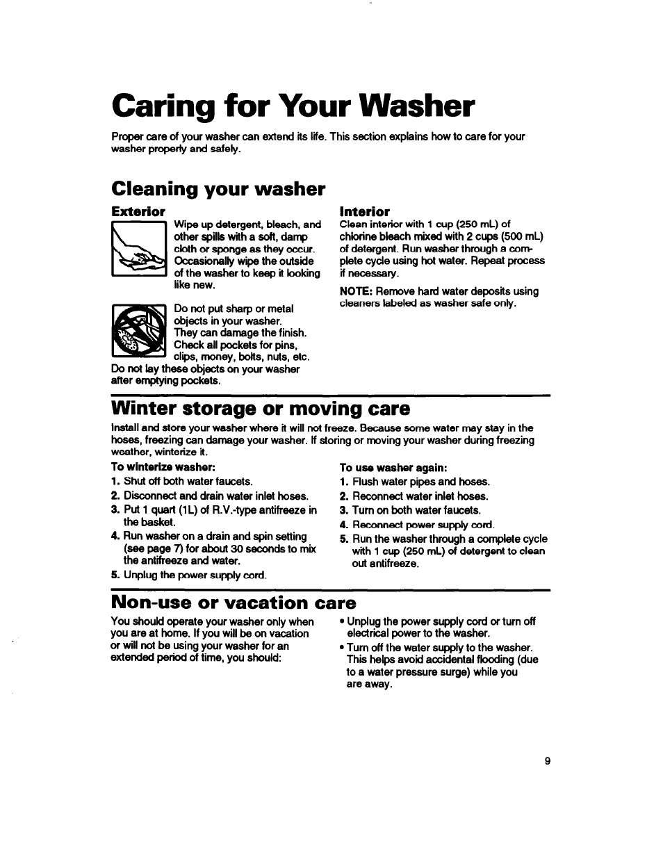 Caring for your washer, Cleaning your washer, Exterior | Interior, Winter storage or moving care, Non-use or vacation care | Whirlpool RAB3132D User Manual | Page 9 / 20