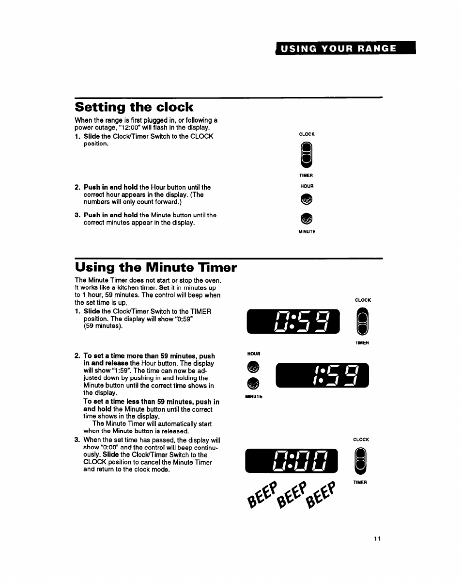Setting the clock, Using the minute timer, N*iz u | U*u u, N*ri n | Whirlpool FGP357Y User Manual | Page 11 / 24