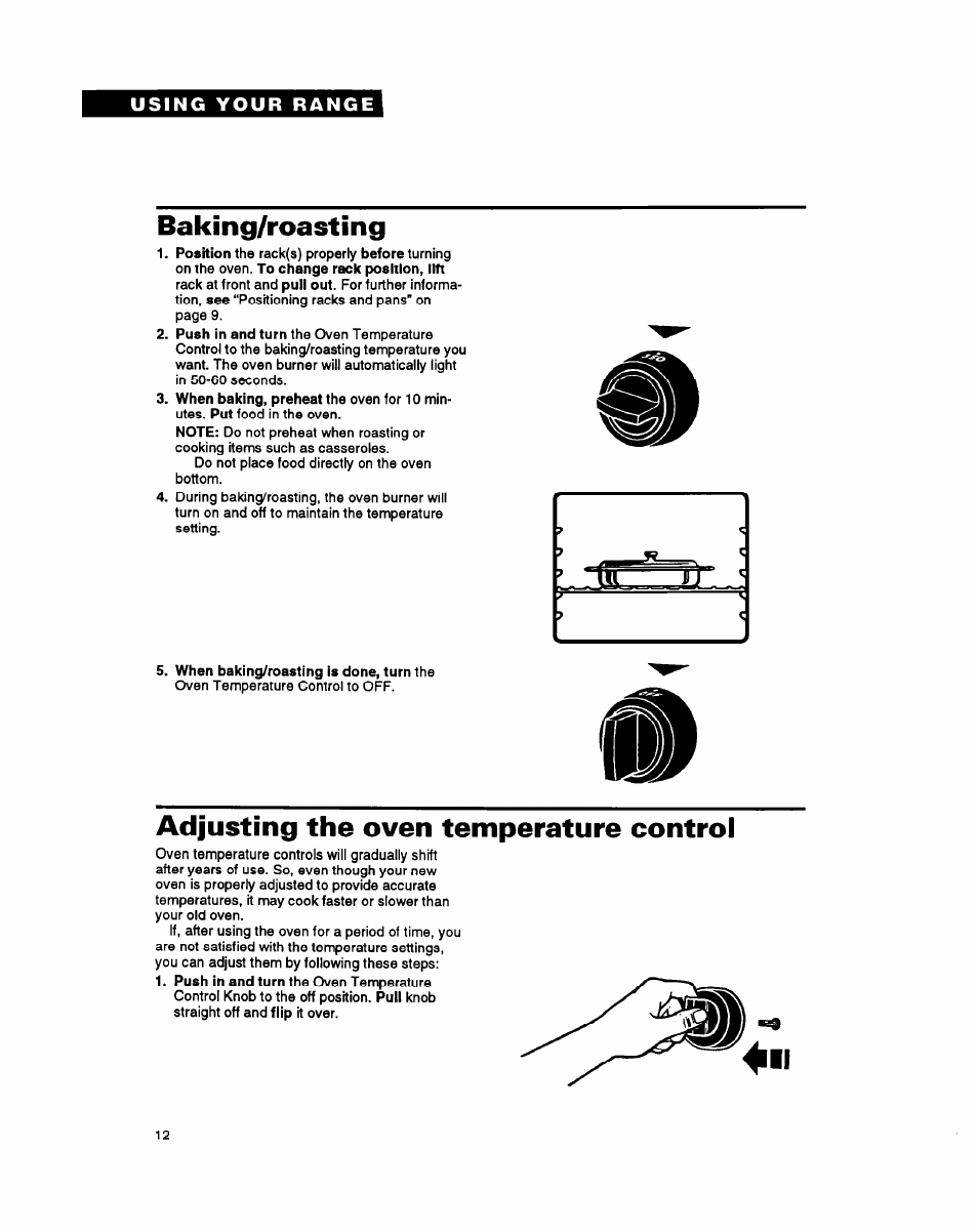 Baking/roasting, Adjusting the oven temperature control | Whirlpool FGP357Y User Manual | Page 12 / 24