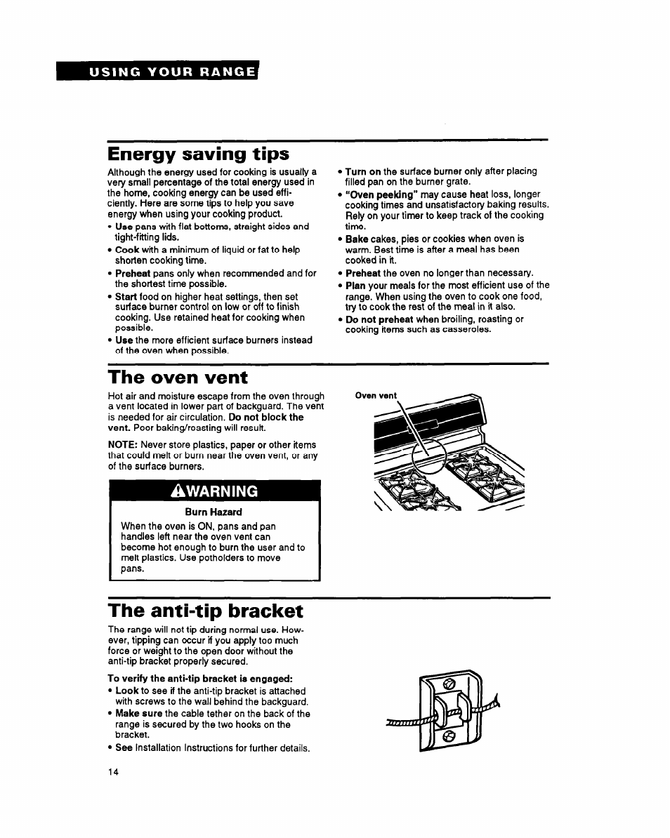 Energy saving tips, The oven vent, Burn hazard | The anti-tip bracket, Warning | Whirlpool FGP357Y User Manual | Page 14 / 24