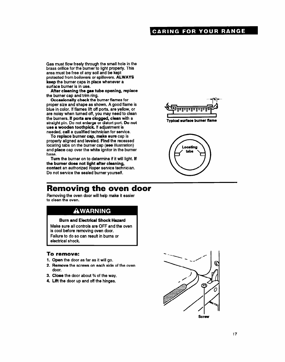 Removing the oven door, Burn and electrical shock hazard, To remove | Wwtfflf, Warning | Whirlpool FGP357Y User Manual | Page 17 / 24