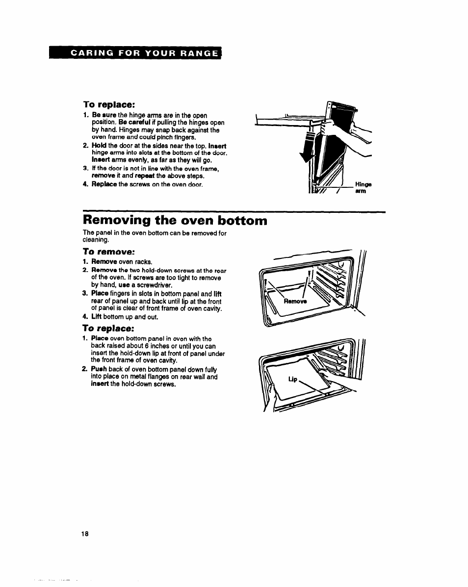 To replace, Removing the oven bottom, To remove | Whirlpool FGP357Y User Manual | Page 18 / 24