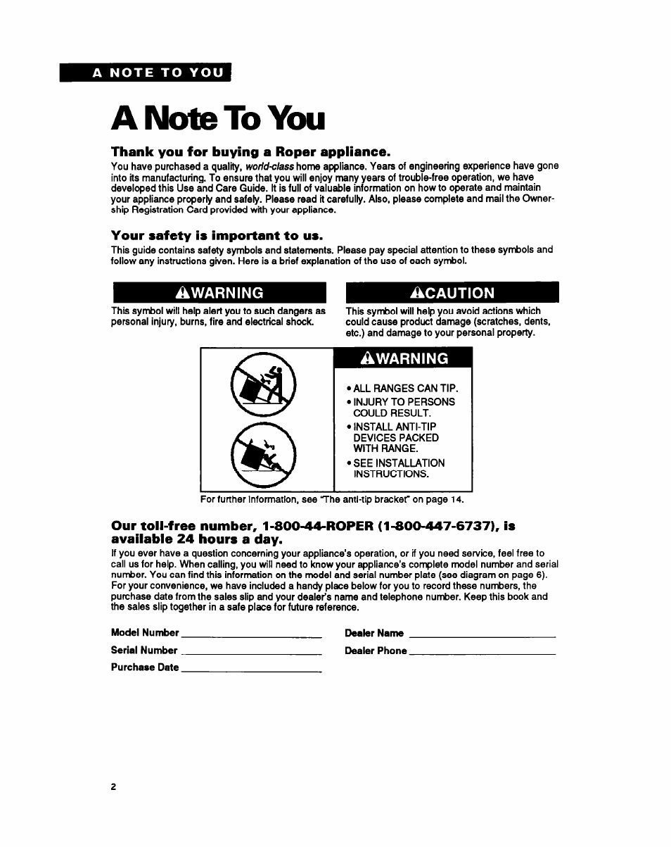Aimoteto you, Thank you for buying a roper appliance, Your safety is important to us | Warning, Acaution | Whirlpool FGP357Y User Manual | Page 2 / 24